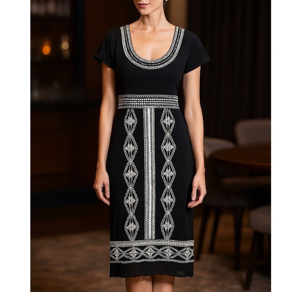 INC Women's Beaded Embroidered Black Dress M Evening Wedding Modest Boho Luxe